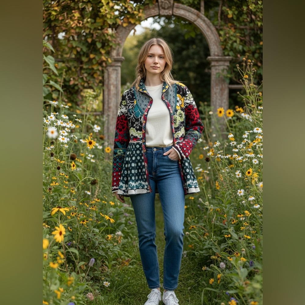 IVKO Colorful Floral Patchwork Boho Lambwool  Sweater Jacket
